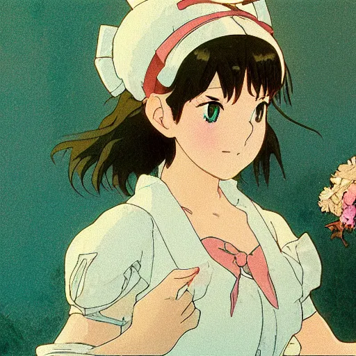 Prompt: a maid girl winking, film still, studio portrait, high quality, makoto shinkai, studio ghibli, wlop, greg rutkowski, alphonse mucha, highly detailed