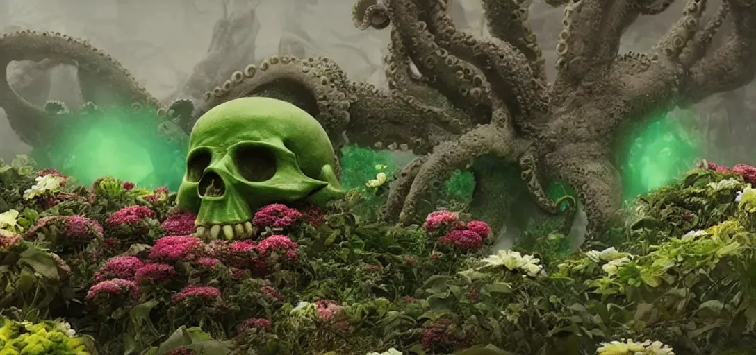 Prompt: an octopus in the shape of a green skull surrounded by flowers at noon, foggy, cinematic shot, photo still from movie by denis villeneuve, wayne barlowe