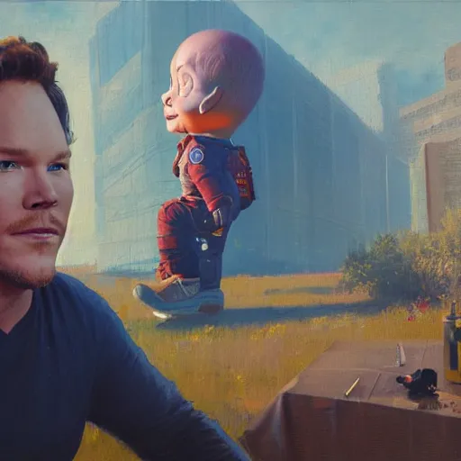 Image similar to the actor chris pratt sitting beside the doll chucky, disney land as backdrop, oil painting, by greg rutkowski