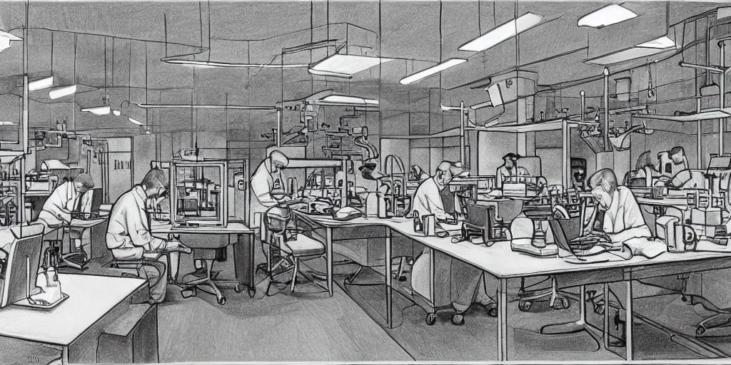 Prompt: detailed drawing of a laboratory with smartphones and laptops on a table
