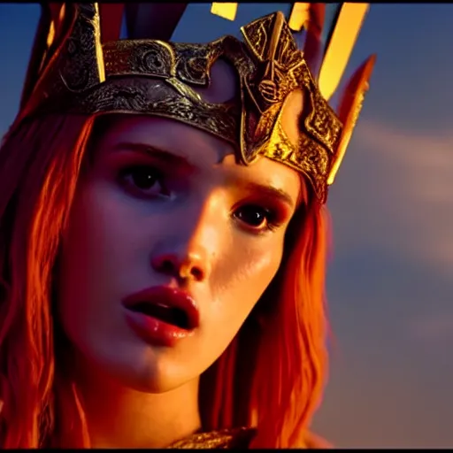 Image similar to cinematic scene with bella thorne on a majestic throne as the goddess of war, dramatic, small details, volumetric lighting, still frame