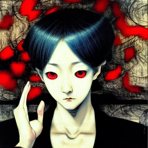 Image similar to yoshitaka amano blurred and dreamy realistic three quarter angle portrait of a young woman with white hair and black eyes wearing dress suit with tie, junji ito abstract patterns in the background, satoshi kon anime, noisy film grain effect, highly detailed, renaissance oil painting, weird portrait angle, blurred lost edges