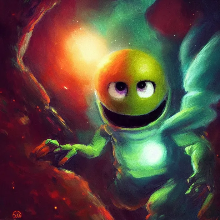 Image similar to cinematic portrait of a cute tennis ball monster in the abyss of space, chalk, masterpiece, trending on artstation, featured on pixiv, cinematic composition, dramatic pose, beautiful lighting, sharp details, hyper-detailed, HD, HDR, 4K, 8K, art by Basil Gogos