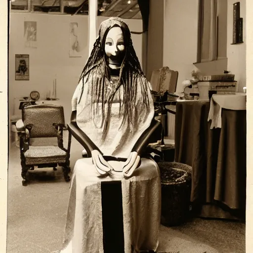 Image similar to Hildegard Von Bingen ventriloquist dummy on a stool, 35mm film