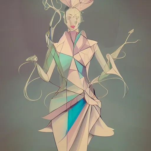 Image similar to 3 / 4 view of a beautiful girl wearing an origami dress, eye - level medium shot, elegant, givenchy, by peter mohrbacher, centered, fresh colors, origami, fashion, detailed illustration, vogue, high depth of field, japanese, reallusion character creator