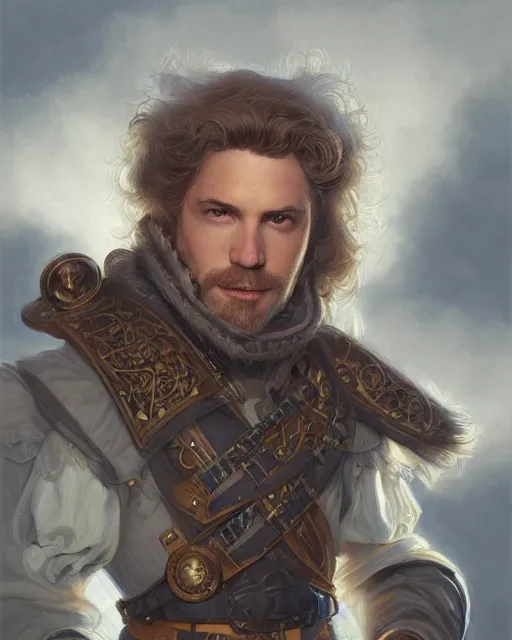 Prompt: white male rogue bard portrait, highly detailed, very intricate, symmetrical, cinematic lighting, closeup painted portrait, by donato giancola and rossdraws and magali villenueve, featured on artstation