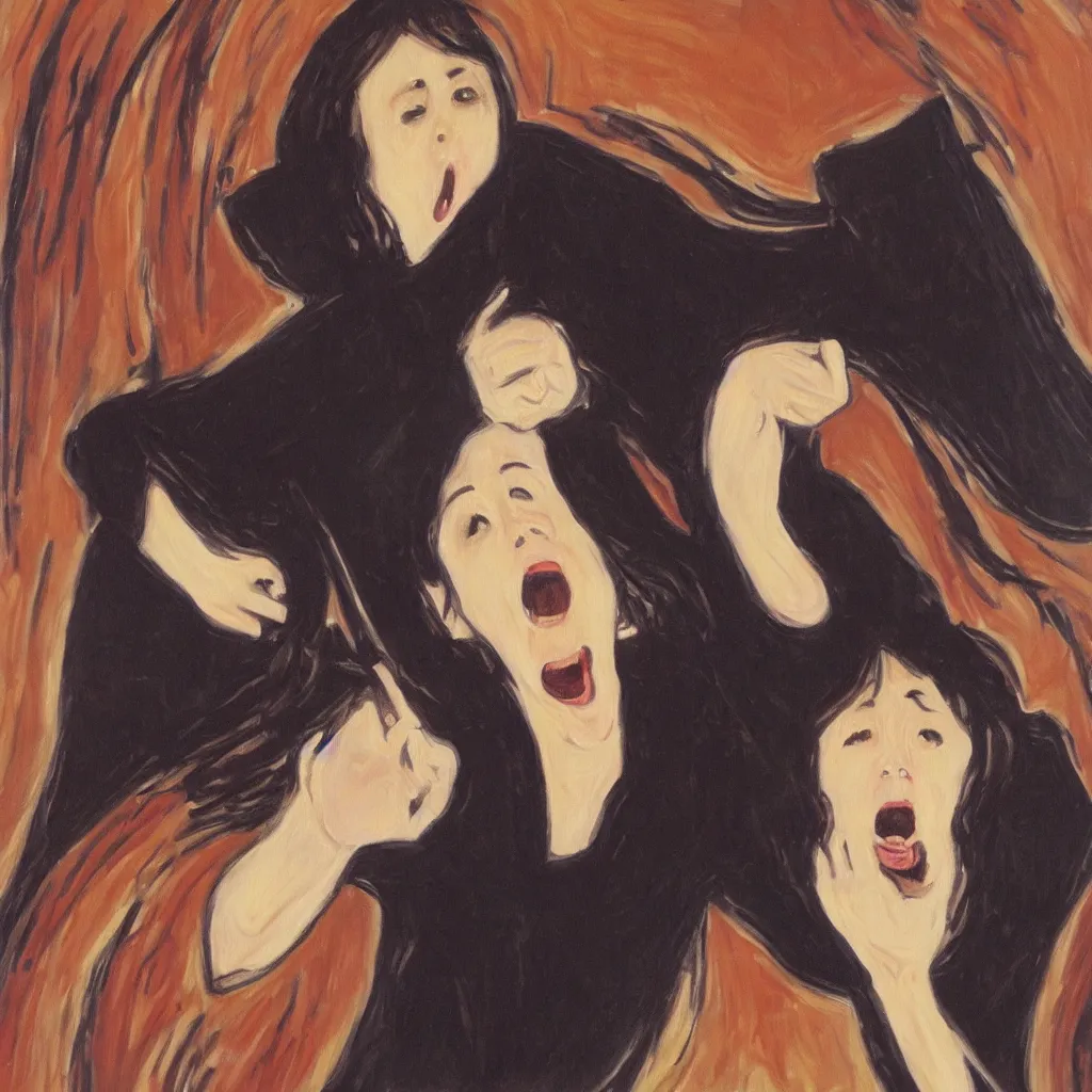 Image similar to an oil painting of yui hirasawa with the style of the scream by edvard munch