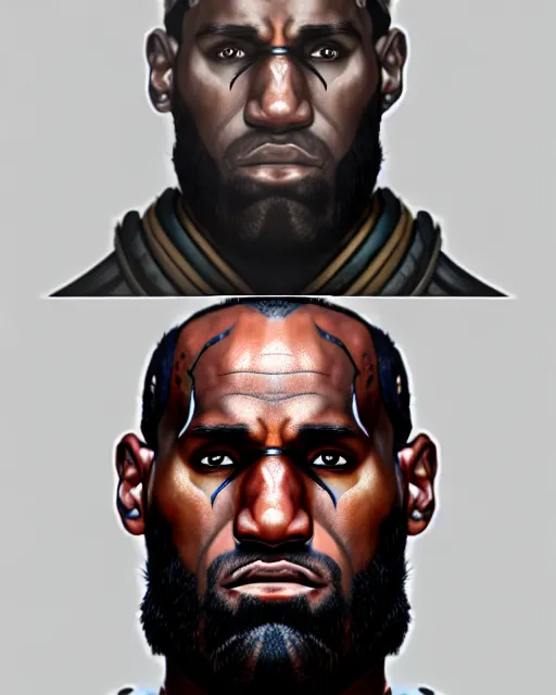 Image similar to face portrait of lebron james as a muscular ronin samurai, wearing a haori, by wlop and peter mohrbacher, dramatic action pose, extremely detailed shading, concept art, digital painting, trending on artstation, unreal engine 5, octane render, atmosphere, glow, cinematic lighting, full of color