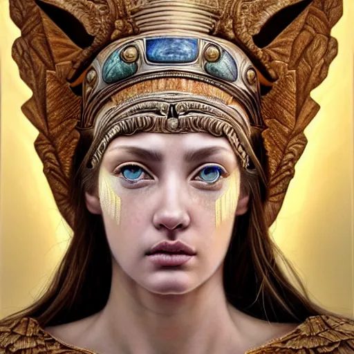 Image similar to hyperrealistic mixed media painting of beautiful goddess Athena, stunning 3d render inspired art by P. Craig Russell and Barry Windsor-Smith, perfect facial symmetry, dim volumetric lighting, 8k octane beautifully detailed render, post-processing, portrait, extremely hyper-detailed, intricate, epic composition, brown eyes, highly detailed eyes, realistic eyes, correct eyes, cinematic lighting, masterpiece, trending on artstation, very very detailed, masterpiece, stunning