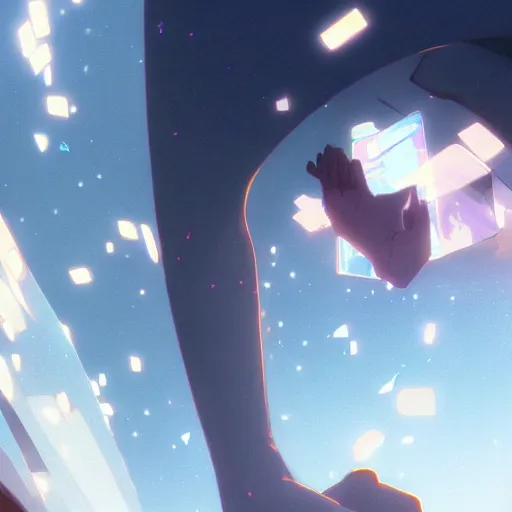 Prompt: A mixed mediart. A rip in spacetime. Did this device in his hand open a portal to another dimension or reality?! extreme close-up by Makoto Shinkai unplanned