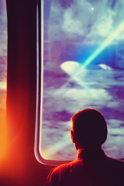 Image similar to agfa vista 4 0 0 photograph of a guy in a spaceship looking out a window into space, back view, synth vibe, vaporwave colors, lens flare, moody lighting, moody vibe, telephoto, 9 0 s vibe, blurry background, grain, tranquil, calm, faded!,