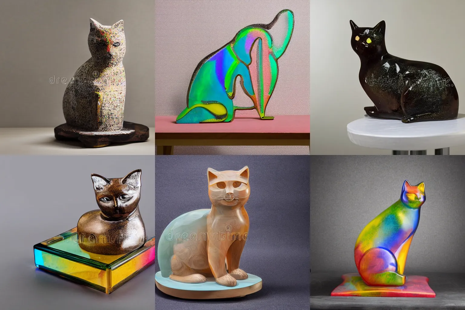 Prompt: une sculpture de chat en verre multicolores sur une table basse en bois blanc, mid-shot, studio photos