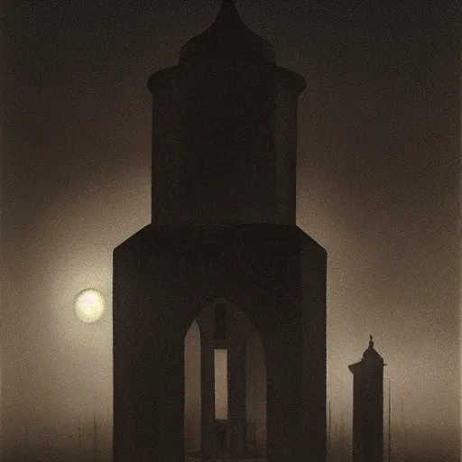 Image similar to a big mosque in a Village, horror, fog, foster, highly detailed, one house, fear, dark inside, black garb figures,eerie sun eclipse,hyper realistic, atmospheric lighting, beksinski