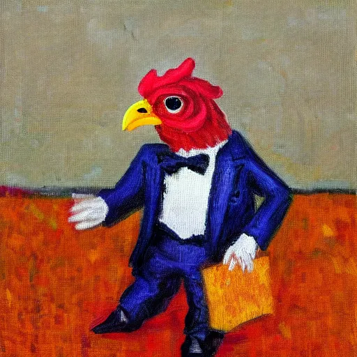 Image similar to a high quality photo of a chicken wearing a suit, impressionism, 8 k