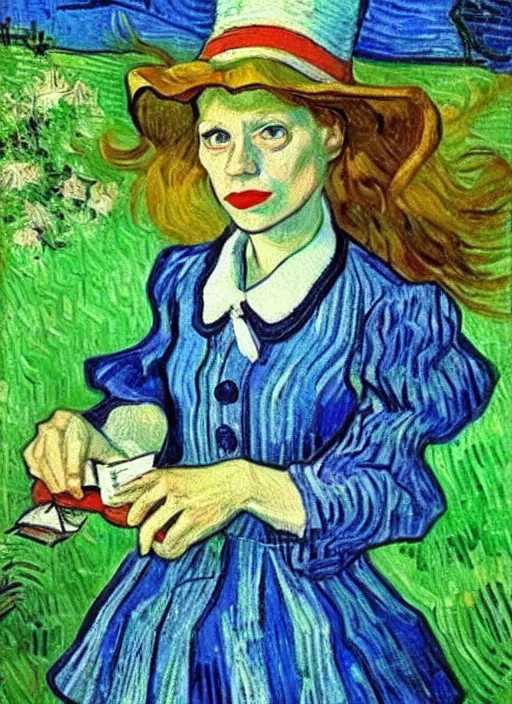 Image similar to lifelike oil painting portrait of alice in wonderland by van gogh