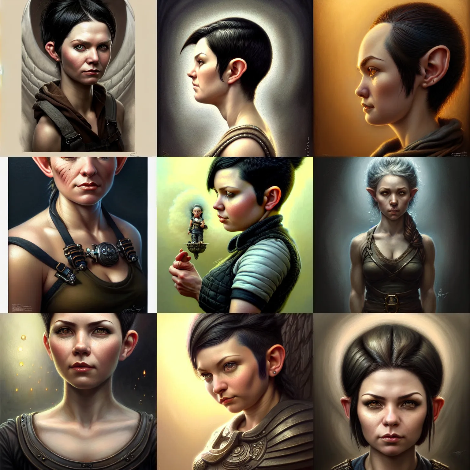 Prompt: portrait of a beautiful strong spunky realistic female gnome engineer, pixie undercut black hair, d & d, micro detail, intricate, elegant, highly detailed, centered, rule of thirds, artstation, sharp focus, illustration, artgerm, tomasz alen kopera, donato giancola, wlop