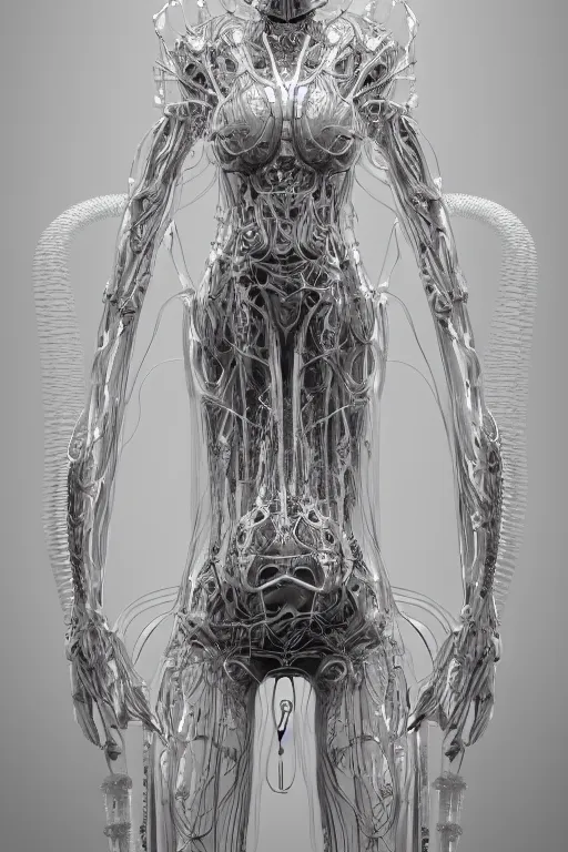 Image similar to iris van herpen, perfect symmetrical body, full body shot, inflateble shapes, wires, tubes, veins, jellyfish, white biomechanical details, wearing epic bionic cyborg implants, masterpiece, intricate, biopunk, vogue, highly detailed, artstation, concept art, cyberpunk, octane render