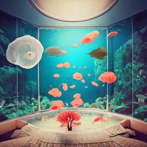 Image similar to photo of the modern fashionable room as aquarium with a chandelier as a big jellyfish, beautiful corals on the walls and dangerous sharks on the big panoramic window, realism, sharp details, cinematic, a lot of gleans, under the ocean, realistic colors, realistic shadows, daylight made in blender and cinema 4 d, hd, 3 d by beeple and by greg rutkowski