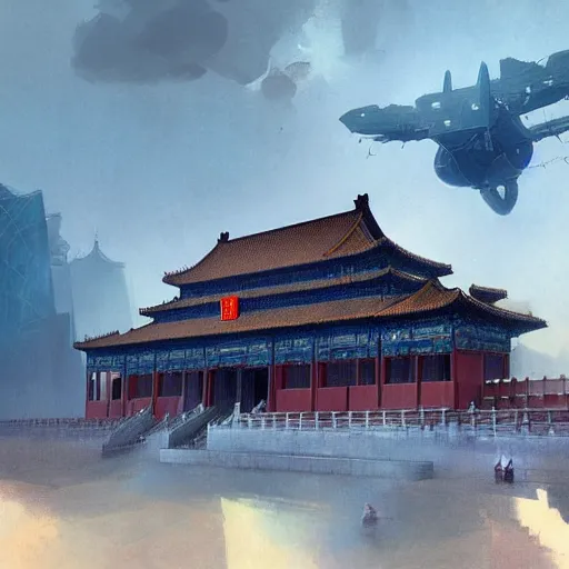 Image similar to Greg Rutkowski in the distant Futurist Forbidden City, Chinook flying over the sky, neon and blue moments, Futurist architectural concepts, inspired by Stephen Martinier, fantasy, digital art, professional illustration, realism, hyper-detail, atmospheric, cinematic lighting, cinematic concept art, hyper-detail, crazy detail, corona rendering, octane rendering, color redshift rendering, 8k