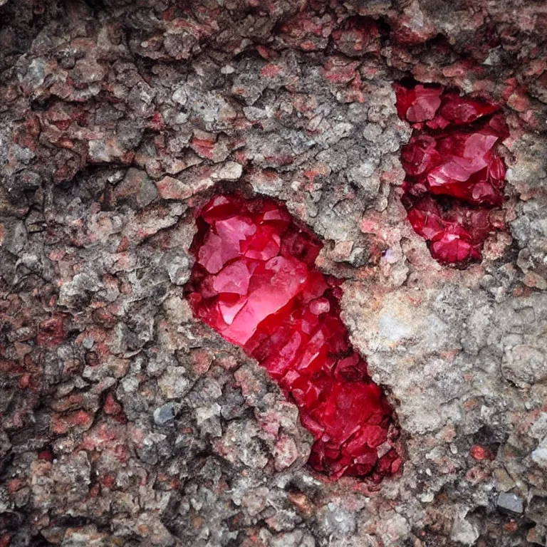 Prompt: big red ruby crystal gems embedded in rock, worn decay texture, intricate concept art painting, fantasy, nature grotesque dark