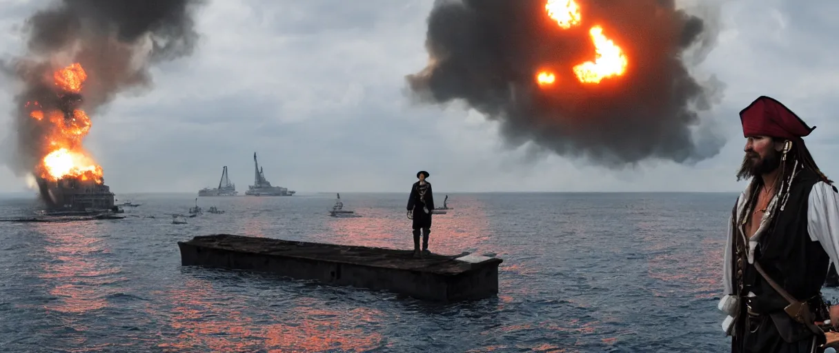 Prompt: a pirate standing on the edge of the ship, big explosion on the background, dramatic atmosphere