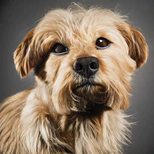 Prompt: portrait of thom yorke as a yorkshire dog, kodak portra, studio lighting, high detail fur,