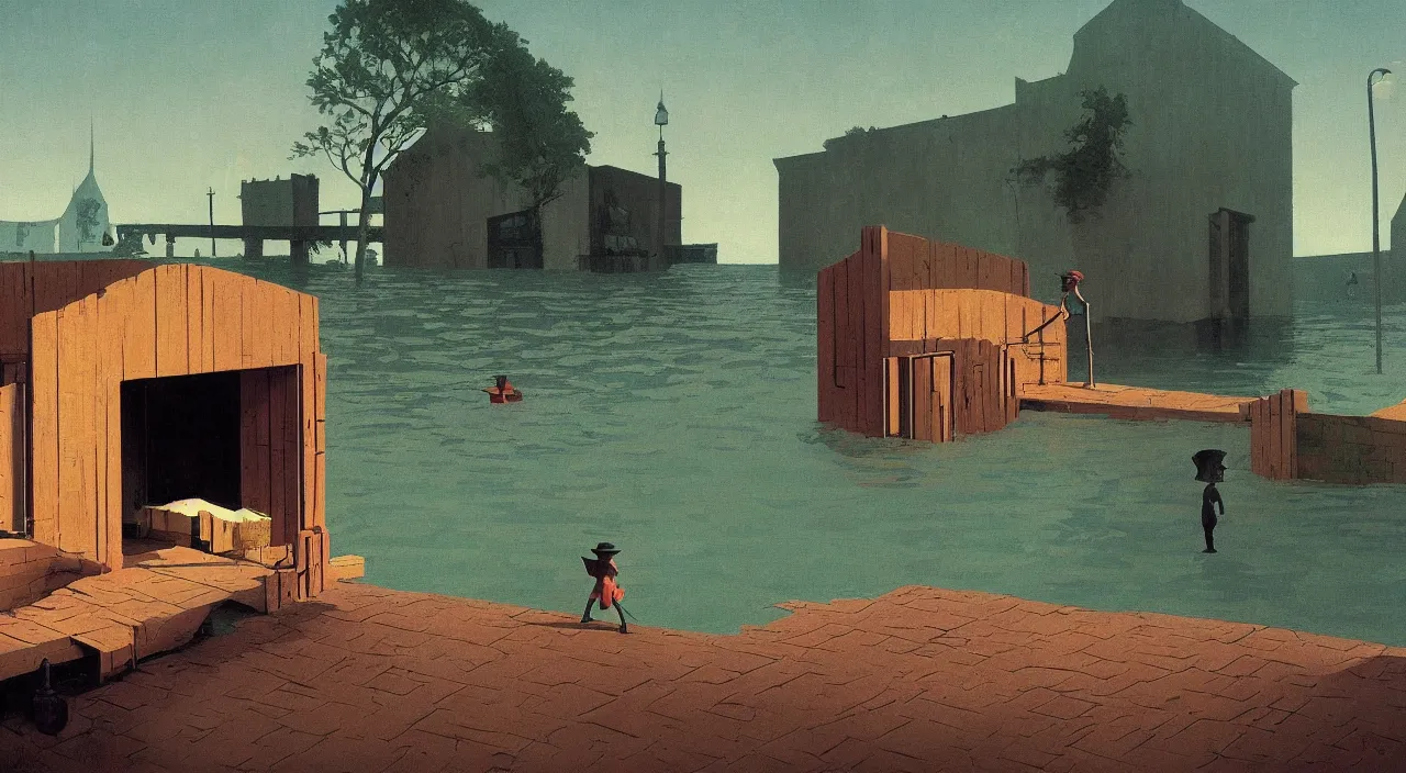 Image similar to single flooded! simple wooden dungeon entrance, very coherent and colorful high contrast!! masterpiece by rene magritte simon stalenhag carl spitzweg syd mead norman rockwell edward hopper james gilleard, water, minimalist, dark shadows, sunny day, hard lighting