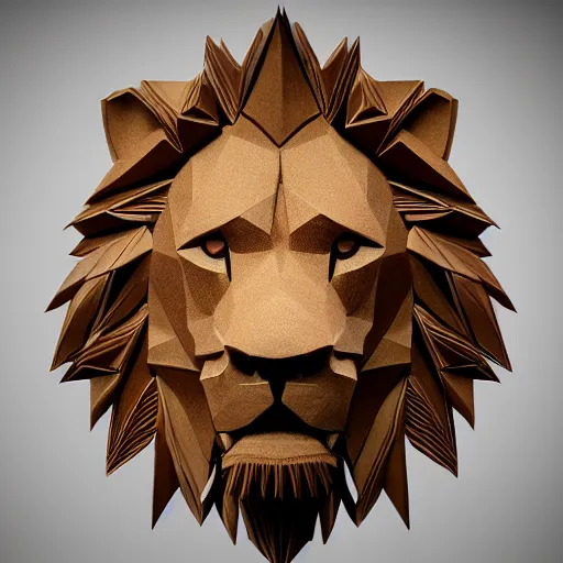 Prompt: origami lion made of wood, symmetrical, photorealistic, octane render, intricate, highly detailed