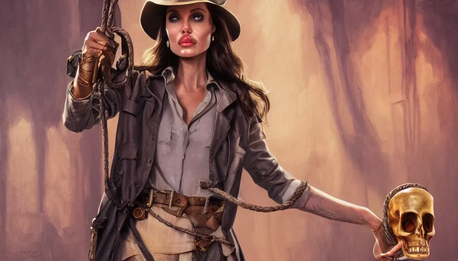 Prompt: angelina jolie as indiana jones holding a whip in left hand and holding a golden mayan skull in the right hand, grey background, hyperdetailed, artstation, cgsociety, 8 k