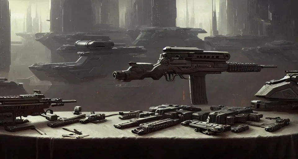Prompt: hyper realistic sci - fi matte concept art painting of assorted guns on a table, beautiful details, strong composition painted by kim jung guweta studio rutkowski, james gurney and greg rutkowski, and lucasfilm, smooth, intricate, detailed, sharp focus, cinematic