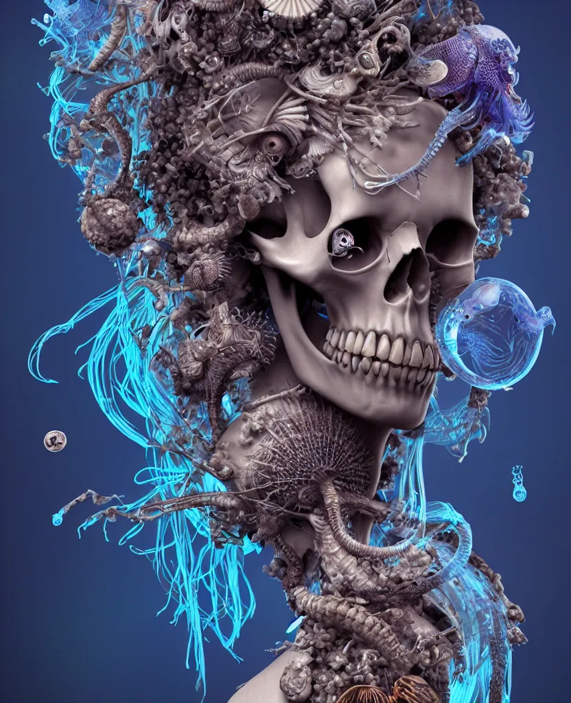 Image similar to goddess close-up portrait skull with mohawk, ram skull, skeleton, thorax, x-ray, backbone, jellyfish phoenix head, nautilus, orchid, skull, betta fish, bioluminiscent creatures, intricate artwork by Tooth Wu and wlop and beeple. octane render, trending on artstation, greg rutkowski very coherent symmetrical artwork. cinematic, hyper realism, high detail, octane render, 8k