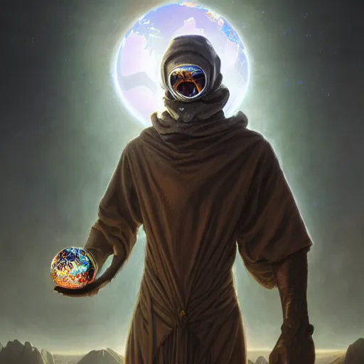 Image similar to masked nomad male wearing a cloak on an alien world and holding a holographic planet projection in his hand, detailed, sci - fi, digital painting, artstation, sharp focus, illustration, ominous, artgerm, tomasz alen kopera, peter mohrbacher, donato giancola, joseph christian leyendecker, wlop, frank frazetta