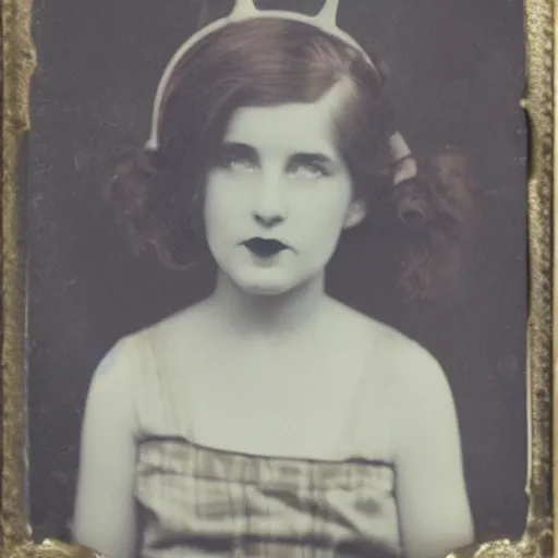 Prompt: tintype photo, girl with horns