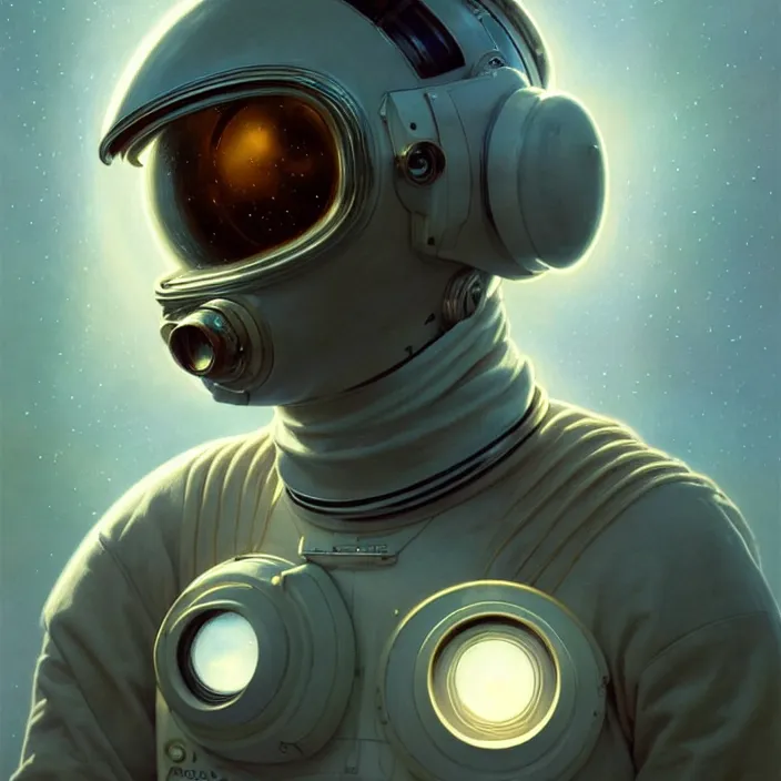 Image similar to ultra realistic retro futuristic astronaut helmet, lens flare, diffuse lighting, fantasy, intricate, elegant, highly detailed, lifelike, photorealistic, digital painting, artstation, illustration, concept art, smooth, sharp focus, art by John Collier and Albert Aublet and Krenz Cushart and Artem Demura and Alphonse Mucha