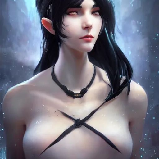 Prompt: tall woman with black hair and pale skin, from league of legends, as human, au naturel, hyper detailed, digital art, trending in artstation, cinematic lighting, studio quality, smooth render, unreal engine 5 rendered, octane rendered, art style by klimt and nixeu and ian sprigger and wlop and krenz cushart!