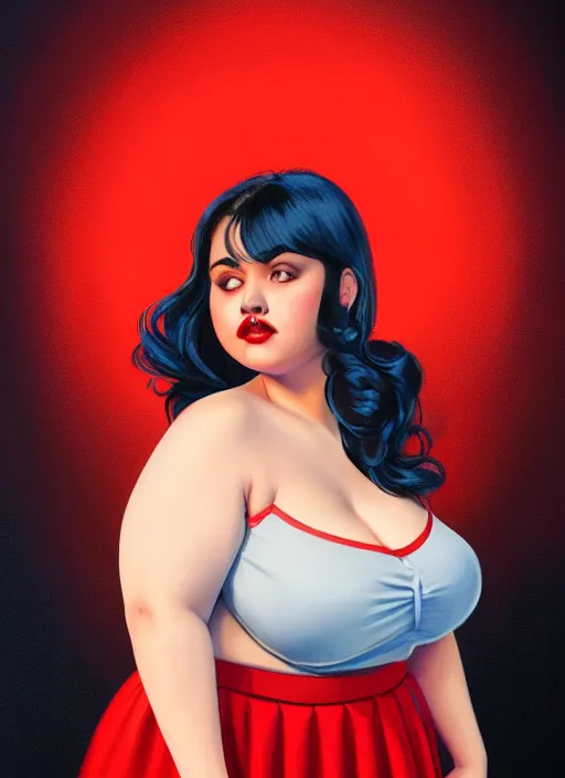 Image similar to full body portrait of teenage veronica lodge, obese, bangs, sultry, realistic, sultry smirk, wavy hair, red skirt, fat, belly, intricate, elegant, glowing lights, highly detailed, digital painting, artstation, concept art, smooth, sharp focus, illustration, art by wlop, mars ravelo and greg rutkowski