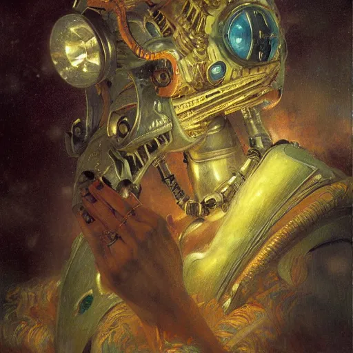 Image similar to highly detailed portrait of a robotic chameleon mecha, painting by gaston bussiere, craig mullins, j. c. leyendecker, lights, art by ernst haeckel, john william godward, hammershøi,