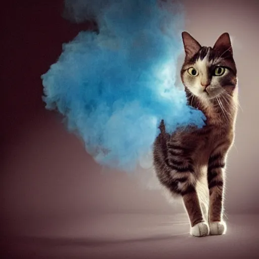 Image similar to a realistic photo of a cat standing on two legs and vaping