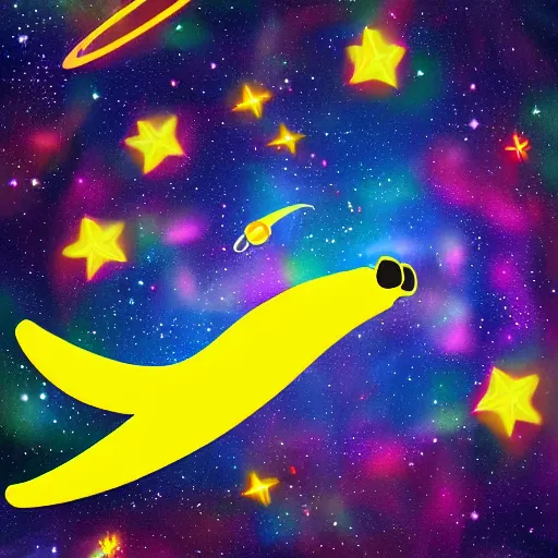 Image similar to a banana flying through space and stars, glowing, digital art, stunning, detailed, very colorful, beautiful 8k