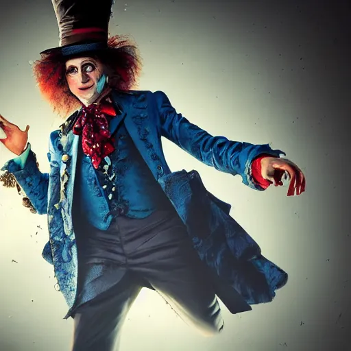 Image similar to full body pose, hyperrealistic photograph of the mad hatter, dim volumetric lighting, 8 k, octane beautifully detailed render, extremely hyper detailed, intricate, epic composition, cinematic lighting, masterpiece, trending on artstation, very very detailed, stunning, hdr, smooth, sharp focus, high resolution, award, winning photo, dslr, 5 0 mm