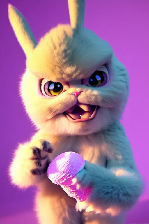 Image similar to high quality 3 d render hyperrealist very cute pastel fluffy! grumpy gargoyle cat hybrid eating giant ice cream full body, vray smooth, in the style of detective pikachu, hannah yata charlie immer, dramatic pink light, low angle, uhd 8 k, sharp focus