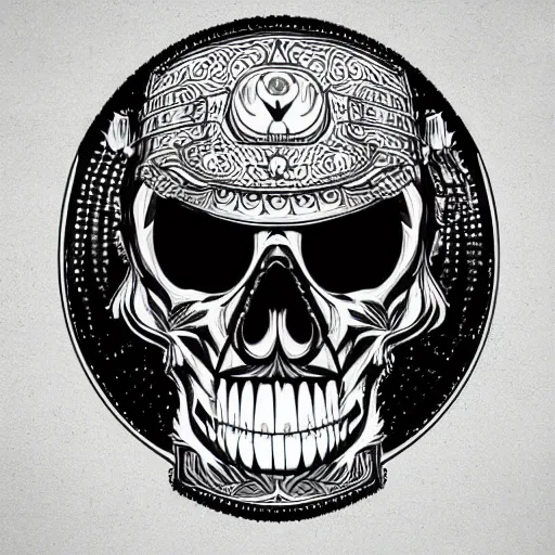 Image similar to illustrator logo of a skull wearing a japanese samurai helmet, digital art, vector graphics, award winning logo, intricate detail