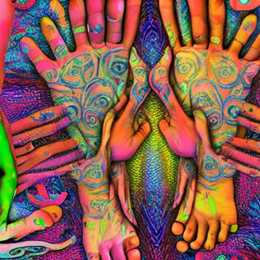 Prompt: a collage of hands and feet, dmt trip