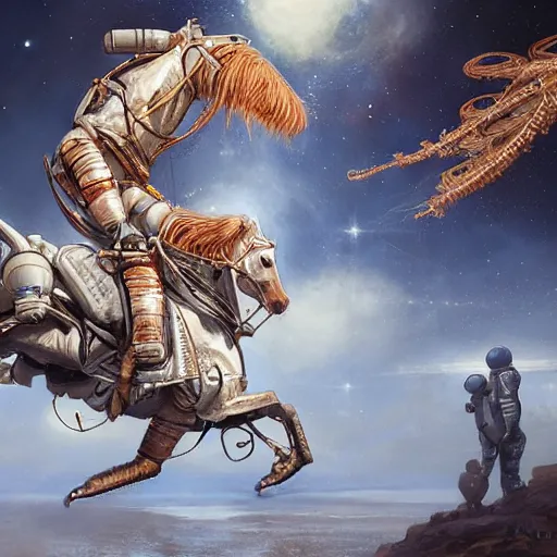 Image similar to reverse, horse above riding on a astronaut back, industrial sci - fi, by mandy jurgens, ernst haeckel, james jean