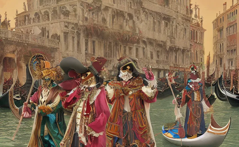 Prompt: the enchanted venice carnival dream with dancing masked people, behance hd artstation, by moebius and nicto ngai