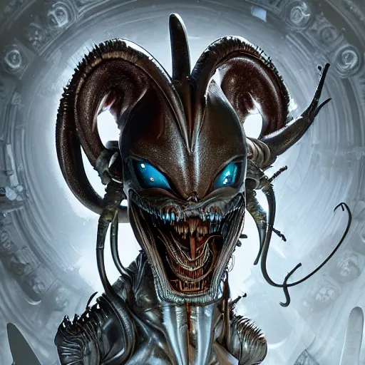 Prompt: mickey mouse xenomorph chimera lurkin in dark room portrait, round ears, designed by h. r. giger, highly intricate detailed 8 k ultrarealistic octane render by artgerm and rutkowski and mucha