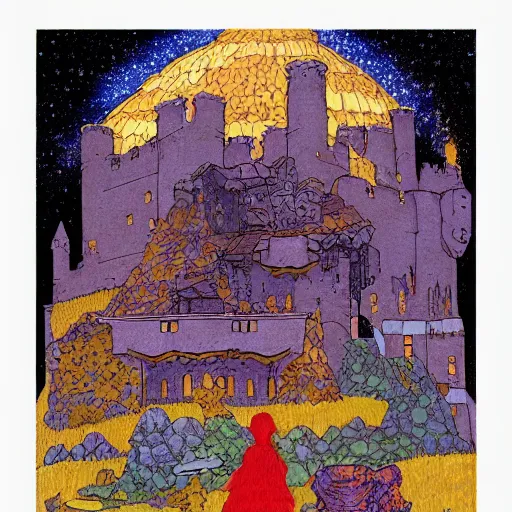 Prompt: stone castle, starry sky detailed ivan bilibin and edmund dulac and ilya kuvshinov and katsuhiro otomo inspired print