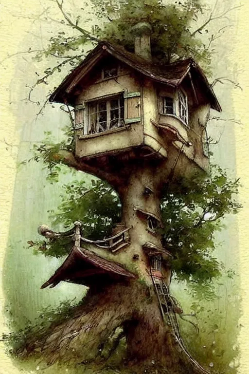 Image similar to (((((1950s fairy tale cottage tree house . muted colors.))))) by Jean-Baptiste Monge !!!!!!!!!!!!!!!!!!!!!!!!!!!