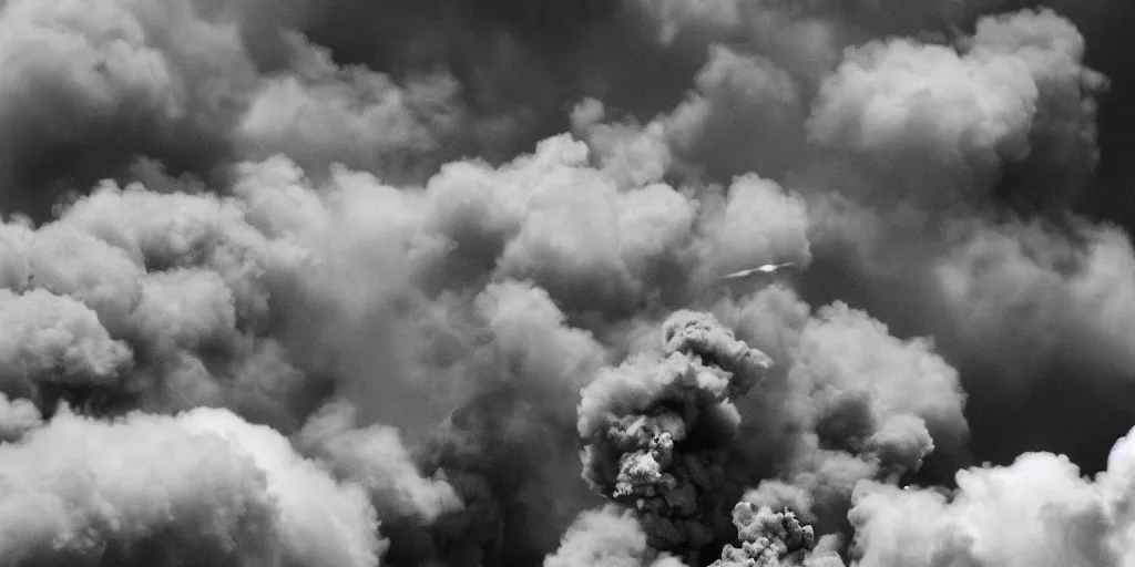 Prompt: punk-punk naval battle, shots fired, clouds of smoke, cinematic wide shot, aerial view, high res, 120 film black and white photograph