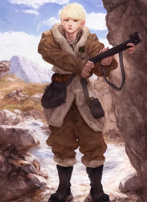 Image similar to character portrait of a (((anthro albino mountain lion))) wearing miner's clothes at the mines. hidari, color page, tankoban, 4K, tone mapping, Akihiko Yoshida.